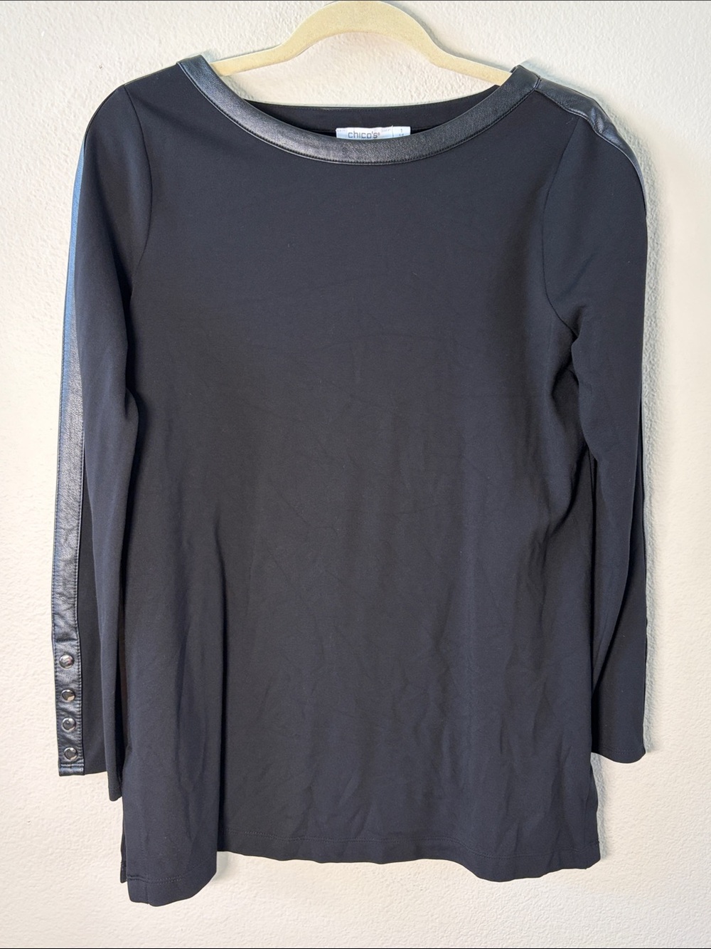 Chico's Black Long-Sleeve Top with Faux-Leather Trim